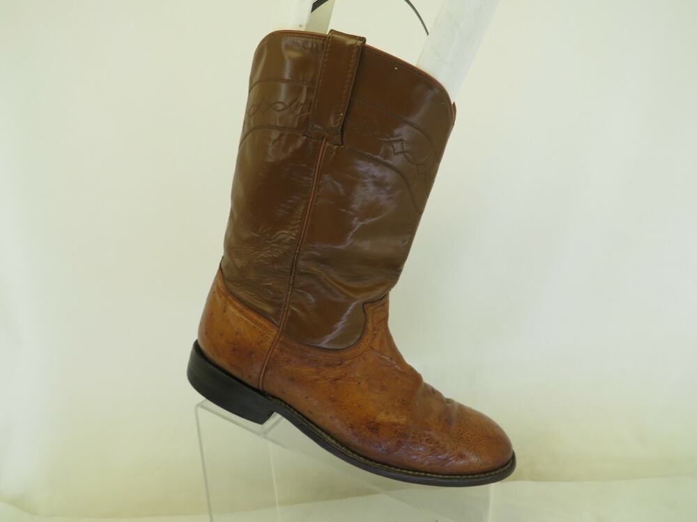 Cowtown Brown Leather Ostrich Roper Cowboy Western Boots Mens Size 7.5 EE
